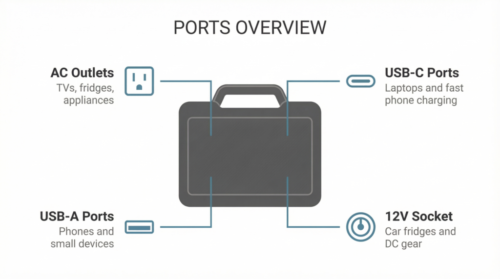Illustrated overview of common ports on a portable power station, including AC outlets, USB ports, and a 12V socket, showing what devices can be powered.

