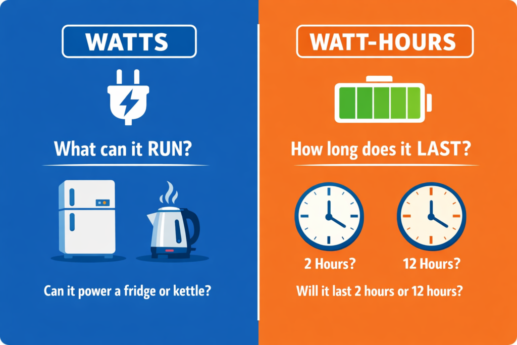 Simple visual explaining the difference between watts and watt-hours in a portable power station, showing what devices it can run and how long it will last.
