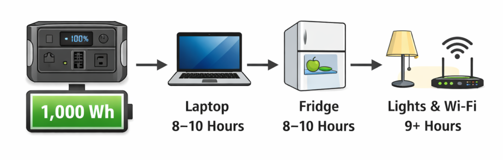 Visual example showing how a portable power station’s battery capacity affects runtime when powering common household devices.
