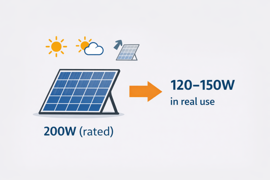 Diagram showing the difference between a solar panel’s rated wattage and the lower power it typically produces in real-world conditions when charging a portable power station.
