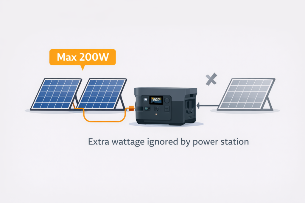 Diagram showing a portable power station with a maximum solar input limit, illustrating how extra solar panels do not increase charging beyond the device’s rated input.
