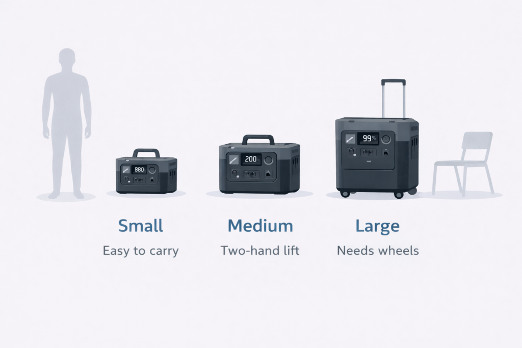 Comparison image showing small, medium, and large portable power stations side by side to illustrate differences in size, weight, and portability.
