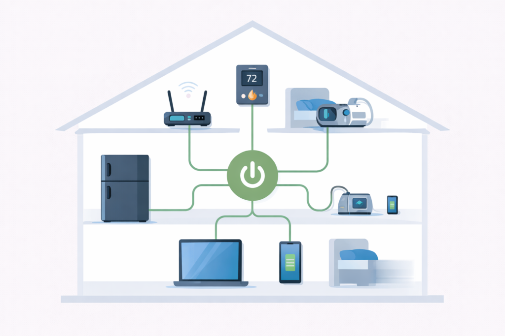 Illustration showing a modern home with essential devices like a fridge, Wi-Fi router, laptop, phone, heating controls, and medical equipment all dependent on a central power source.
