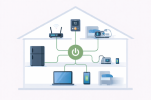 Illustration showing a modern home with essential devices like a fridge, Wi-Fi router, laptop, phone, heating controls, and medical equipment all dependent on a central power source.