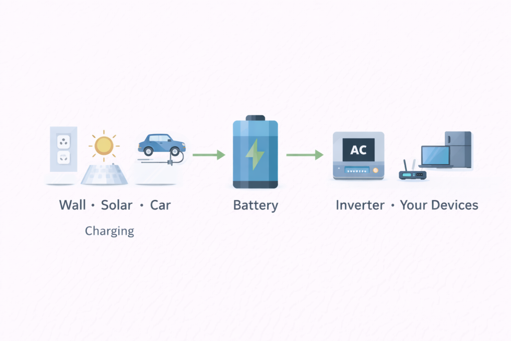 Diagram showing how a portable power station charges from wall, solar, or car sources, stores energy in a battery, converts it through an inverter, and powers household devices.
